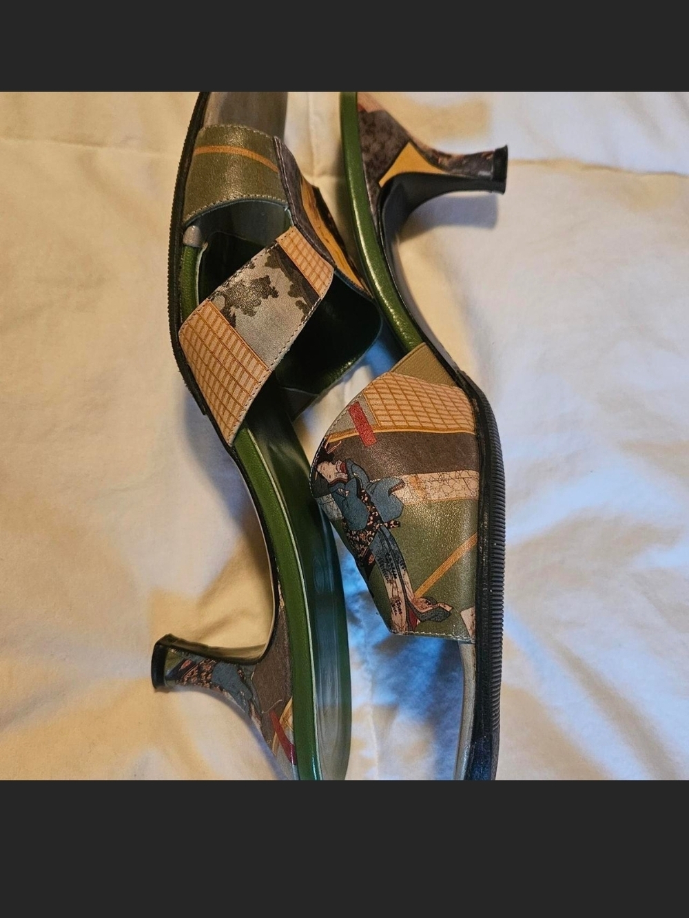 ICON Green/Yellow Artwork Kitten Heel Sandals.  High fashion design.